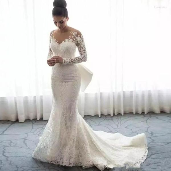 Abiti casual Abiti da sposa eleganti a sirena in pizzo Collo trasparente Maniche lunghe Treno staccabile Donne da sposa arabe saudite