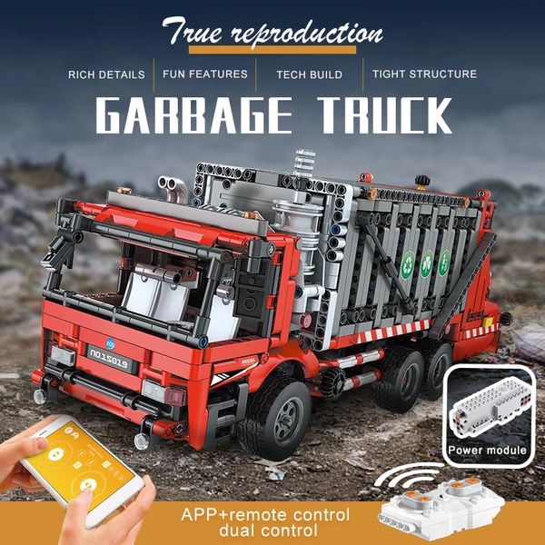 Telecomando Motorizzato Camion della spazzatura ecologico Building Blocks MOC-38031 Mouldking 15019 Modello tecnico Giocattoli per auto Assemblare mattoni Regali di Natale per bambini