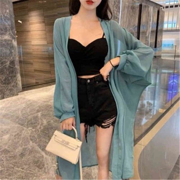 Suéteres femininos 1 PCs Blusa Mulheres Blusa Summer Putfled Sleeves Long Chiffon Shirt Kimono Colet preto branco solto quimono ladies tops Sun Protection tops j220915