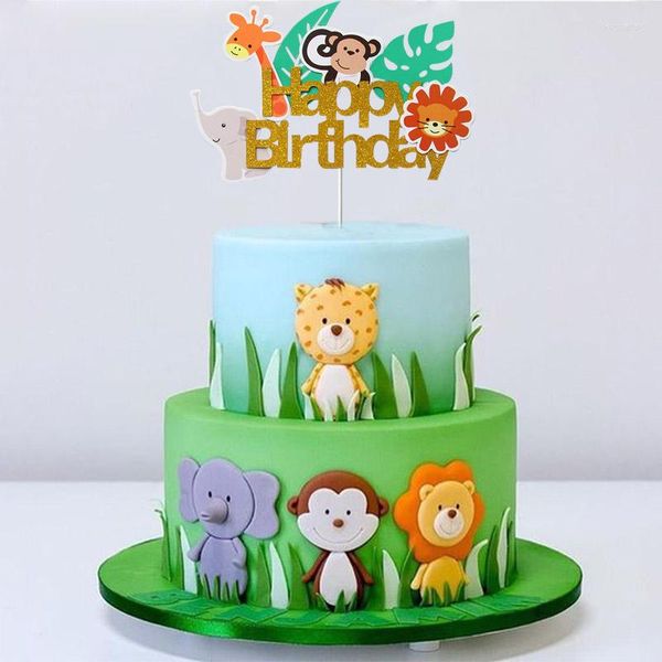 FESTIVO STAPIÇÃO 1PCS Jungle Animal Bolo de feliz aniversário Topper Safari Zoo Party 1st Toppers Baby Shower Boy