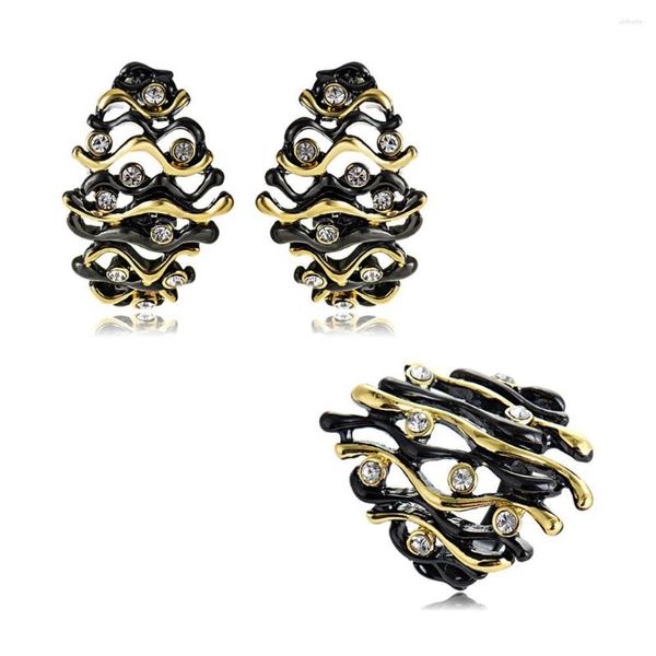 Halskette Ohrringe Set Viennois Vintage Geometrische Zricon Schmuck Für Frauen Schwarz Gold Farbe Design Ring Ohr Clip Party 2022