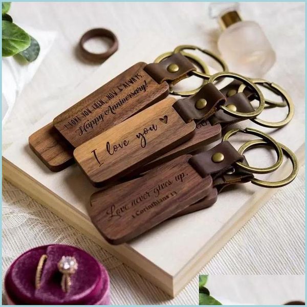 Keychains de madeira personaliza os chaveiros em branco para gravar o chaveiro de couro feito à mão Rec Rec Rec Wood Lage Tecla anel 92 D3 D DH5JT