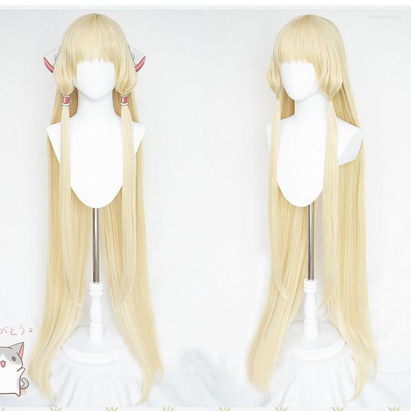 Parti Maskeleri Chobits Chii 51 inç 130cm uzunluğunda süt altın sarışın düz cosplay perukları ısı direnci saçsız peruk kapağı