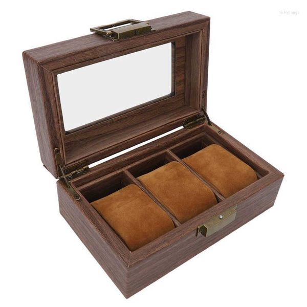 Scatole d'oro Custodia in legno Box 3 slot cerniera in metallo Display di motivi vintage naturale per orologi di conservazione marrone