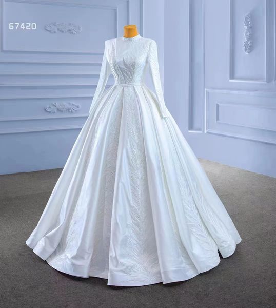 Muslimisches Hochzeitskleid Luxus Perlen Dubai Arabisch Kristall Langarm Satin High Neck Brautkleider nach Maß SM67420