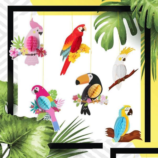 Украшение вечеринки 3PCS Honeycomb Hawaiian Tropical Hanging 3D Vivid Bird Set для свадебных принадлежностей домой