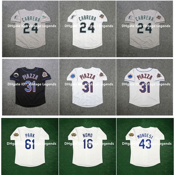 Maglia da baseball GlaVintage 1996 Raul Mondesi Hideo Nomo Chan Ho Park Miguel Cabrera 2004 2007 World Series Mike 31 Piazza Bianco Grigio Taglia