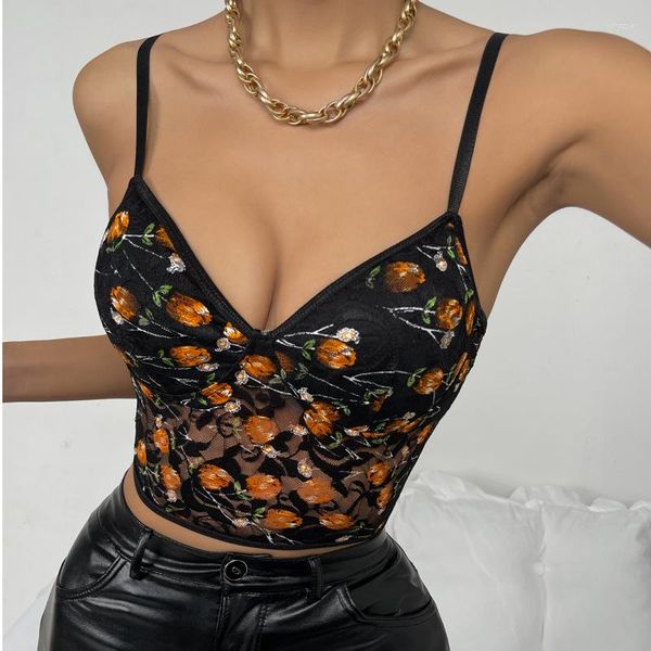 Camisoles Tanks Bordado floral Cueca Langerie Sexy Top em forma de transparência lingerie renda Cole