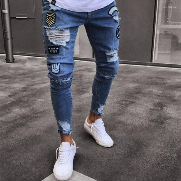 Jeans masculinos masculinos de personalidade da moda européia e americana de tendência de tendência de tendência de hip-hop buracos magros usam branco tight skinny