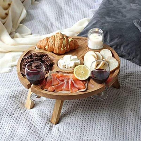 Mobili da campo Tavoli in legno portatili Tavolo da vino da picnic all'aperto con manico Piccolo pieghevole da spiaggia Gambe retrattili Vassoio per formaggi snack