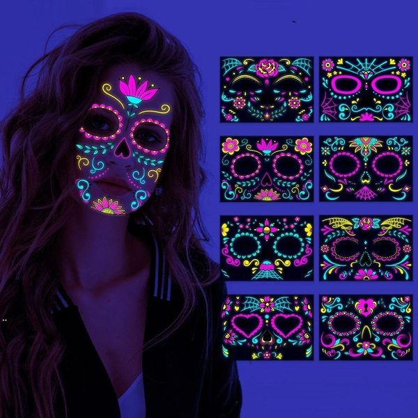 Fluorescent Halloween Face Tattoo Sticker Day of the Dead Party Makeup Funny Temporary Neon Face Stick para Festival Masquerade JJLB15537
