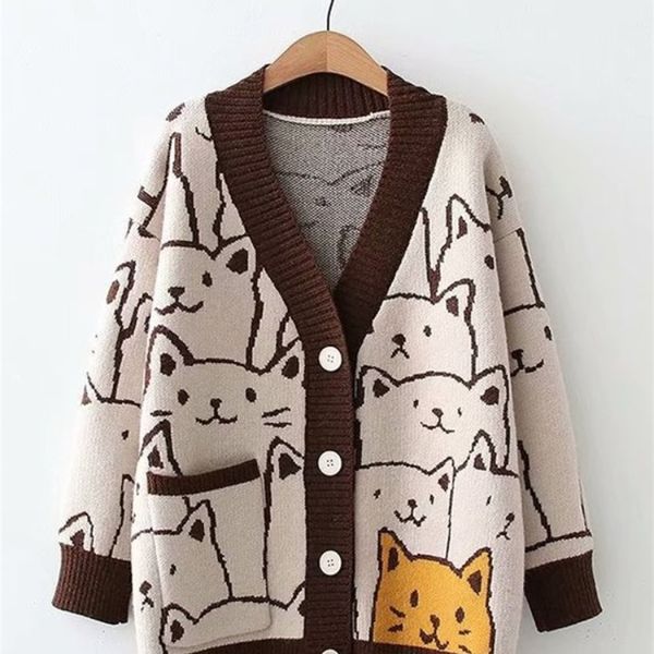 Damen Strick T-Shirts Merry Pretty Cartoon Cat Strickjacken Pullover Herbst Winter Damen Harajuku Pullover Mantel O Hals Langarm Strickjacke 220919