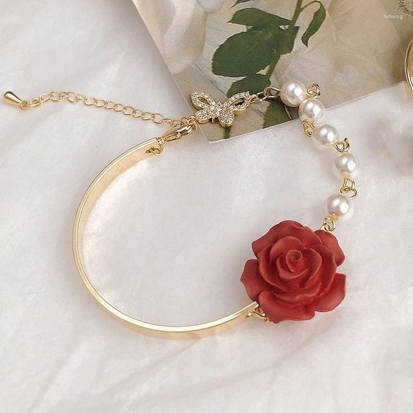 Braccialetti di collegamento Braccialetto di perle barocche color oro per le donne Romantico fiore di rosa Farfalla Fascino Braccialetti di moda da donna Gioielli regalo