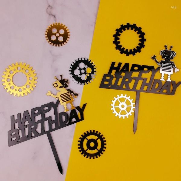 Forniture festive Ragazzi Robot Fai da te Acrilico Happy Birthday Cake Topper Oro per la decorazione del partito