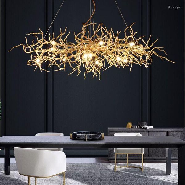 Lampadari Moderno Lampadario in alluminio di lusso Luce LED Oro Curvo Ramo di un albero Lampada a sospensione Art Déco Soggiorno Tavolo da pranzo Villa Casa