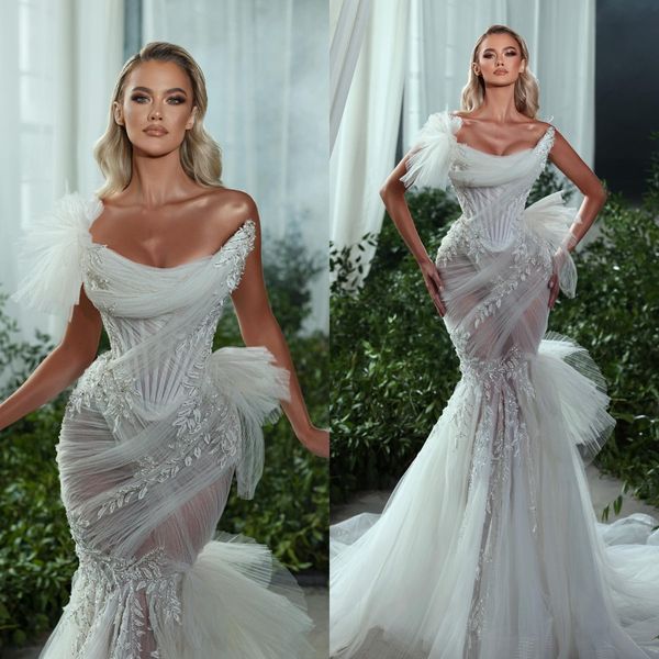 Vestido de noiva de sereia exclusivo Sexy Lace Aplique Berço Aplicado de Biço de Ilusão de Ilusão Vestidos de Bridal Túllos de Tule de Mariee