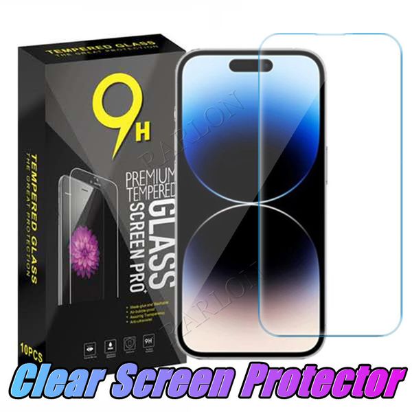 9H Premium Explosion Transparenter Displayschutz aus gehärtetem Glas für iPhone 15 14 Pro Max 13 Mini 12 11 XS XR X 8 7 6 6S Plus Samsung A33 A54 mit Einzelhandelsverpackung
