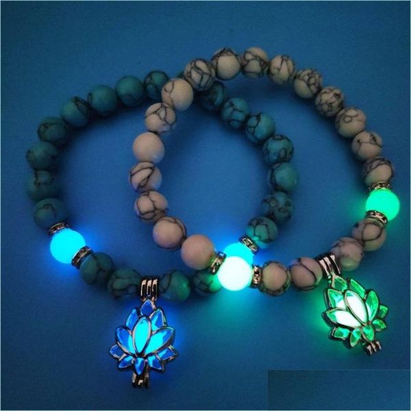 Bracelets de charme pedras naturais luminosas brilhando na pulseira escura Charme em forma de flor de lótus para mulheres joias de budismo de oração de ioga dh875