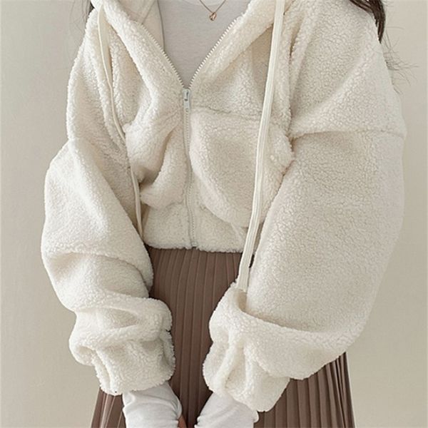 Giacche da donna IAMSURE Cute Fleece Furry Cappotti Casual Allentato Manica lunga Con cappuccio Donna Autunno Inverno Moda Dolce stile coreano 220919