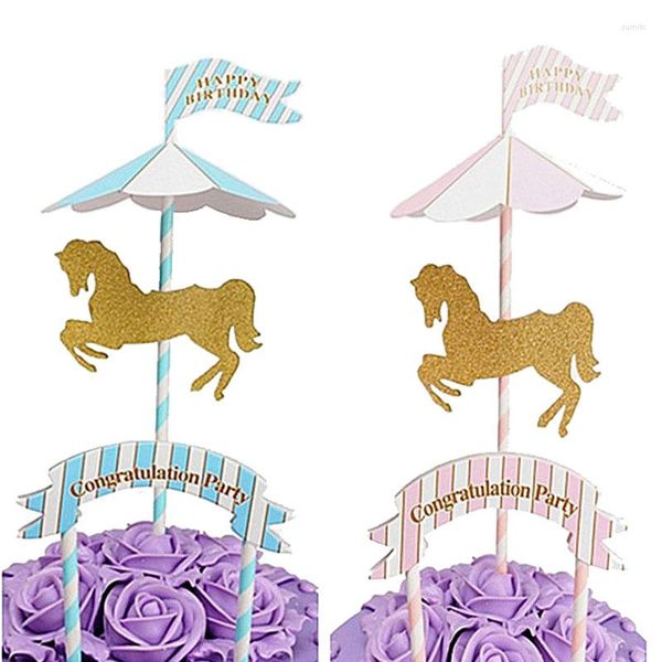 Forniture festive Carosello Cupcake Topper Glitter Cavallo Rosa Blu Battesimo Genere Rivela Festa di compleanno Baby Shower Decorazione torta fai da te