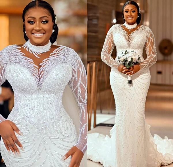 2023 Plus Size Arabische Aso Ebi Sheer Hals Zeemeermin Trouwjurk Lange Mouwen Sexy Bruidsjurken Jurken B0920