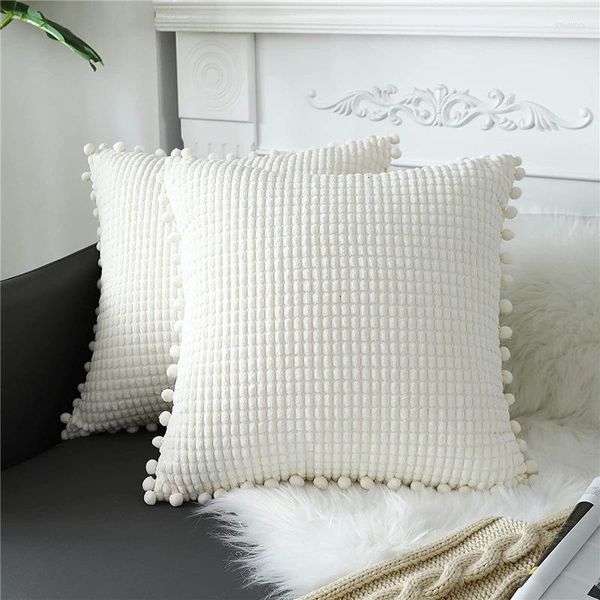 Travesseiro 1pcs branco 18x18 polegada Decorativa Prophase Trophase Corduroy milho de milho listrado Pompo de pompo quadrado Sofá Sala de estar