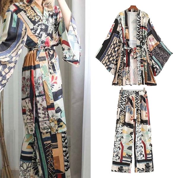 Damen Zweiteilige Hosen 2 Stück Frauen Hemden Hosenanzug Kimono-Stil Sommer Voll bedruckt X-Long Kordelzug Bluse Set Weibliche Freizeitkleidung 220919