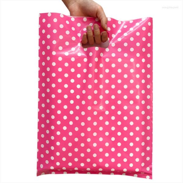 Geschenkpapier, 50 Stück, rosa/schwarz gepunktete Kunststoffgrifftaschen, Kleidungsverpackung mit Griffen, Einkaufstasche