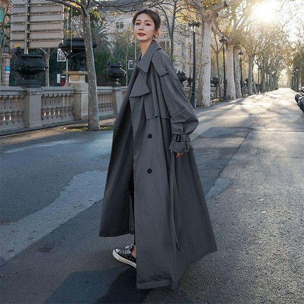 Женские траншеи Coats в корейском стиле свободное негабаритное хвост x-Long Double Double Belted Lady Cloak Wursebreaker Весенняя осень верхняя одежда серая 220919