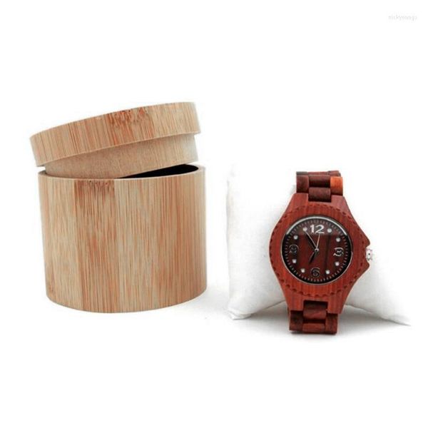 Scatole per orologi 83XC Elegante confezione regalo in bambù per esposizione di gioielli Custodia cilindrica con cuscino