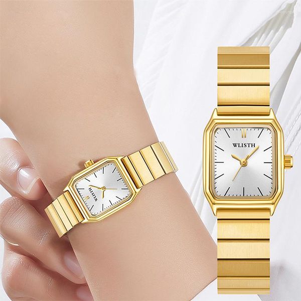 Armbanduhren Damen Deluxe Business Quarzuhr Quadratisches einzigartiges Zifferblatt Edelstahl Handgelenk für Damen Goldarmbanduhr