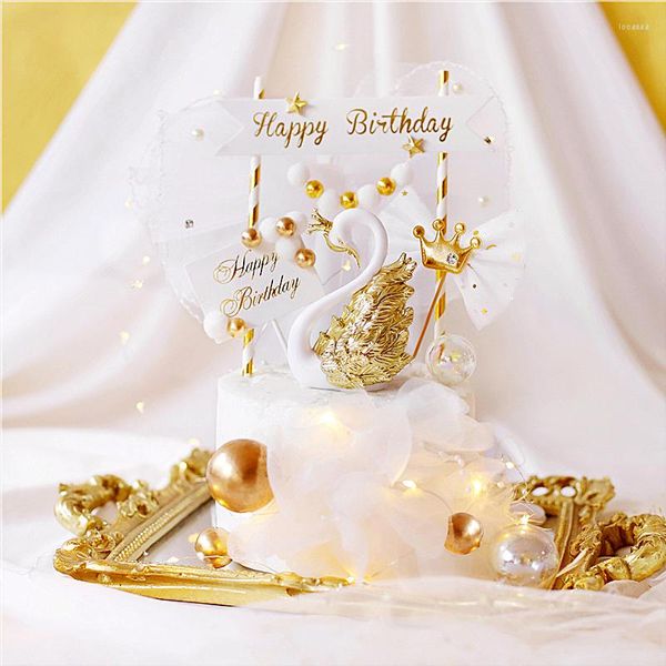 Forniture festive Happy Birthday Cake Topper Decorazione per feste Cigno corona d'argento oro per regali d'amore per l'anniversario Baby Shower Kid Baking