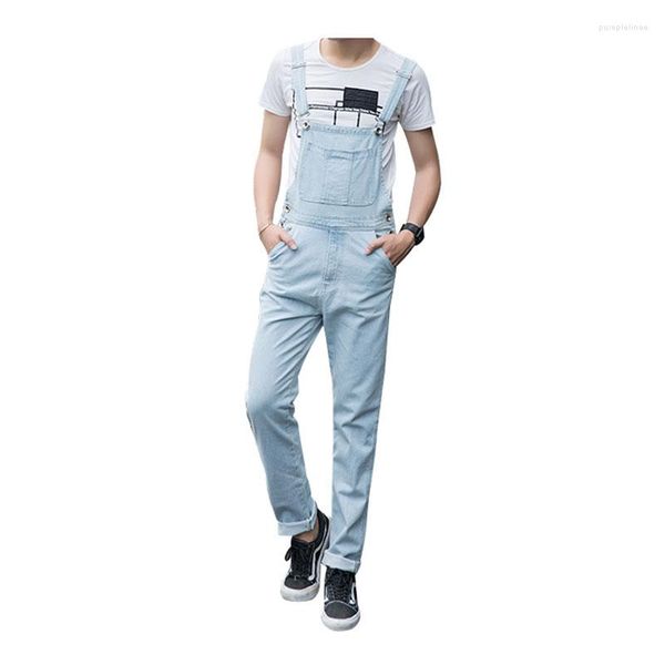 Jeans masculinos Spring Macles Men Bib Slim Straight Jumpsuits Saltos de Cargo Casual Calças Azul Luz de Tamanho Grande S -