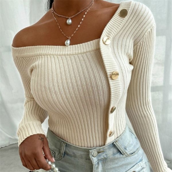 Frauenpullover Frauen Mode elegante gestrickte Oberteile Langarm von Schulter sexy lässige Knöpfe Top Femme Ladies Solid Herbst Feder 220919