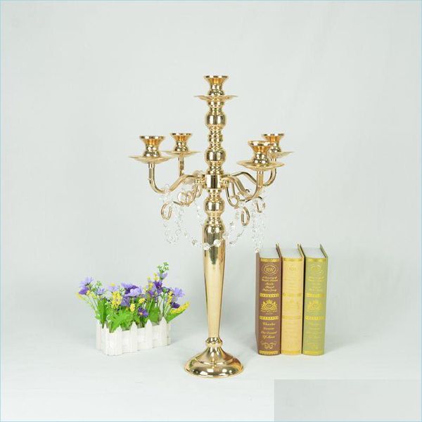 Decorazione per feste Alto oro 5 bracci Candelabro in metallo lucido Lampadario Portacandele votivo Centrotavola per matrimoni Drop Delivery 2021 Home G Dhjue