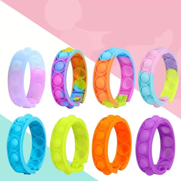 Fidget Toys Tie Dye Push Bubble Bracciali luminosi 19 Style Sensory Bubbles Simple Dimple Bangle Kids Rubber WristBand Vent Education Toy Halloween Christmas ZM920