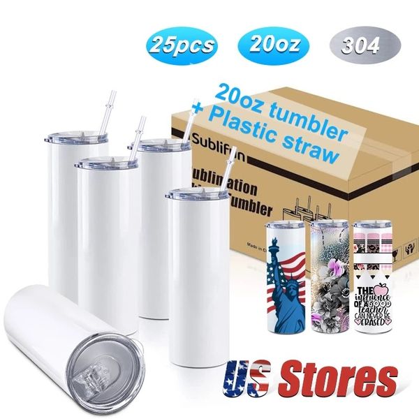 Estoque dos EUA 20 onças de sublimação diy reta Tumblers canecas transferência de calor impressão em aço inoxidável drinques com palha e tampa 25pcs/caixa 0508