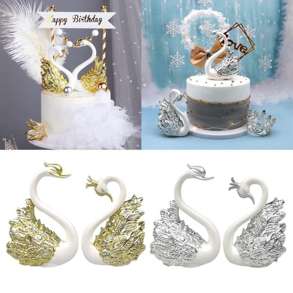 Forniture festive oro argento piuma cigno corona cake topper ornamento fai da te per la festa di decorazione di nozze di compleanno