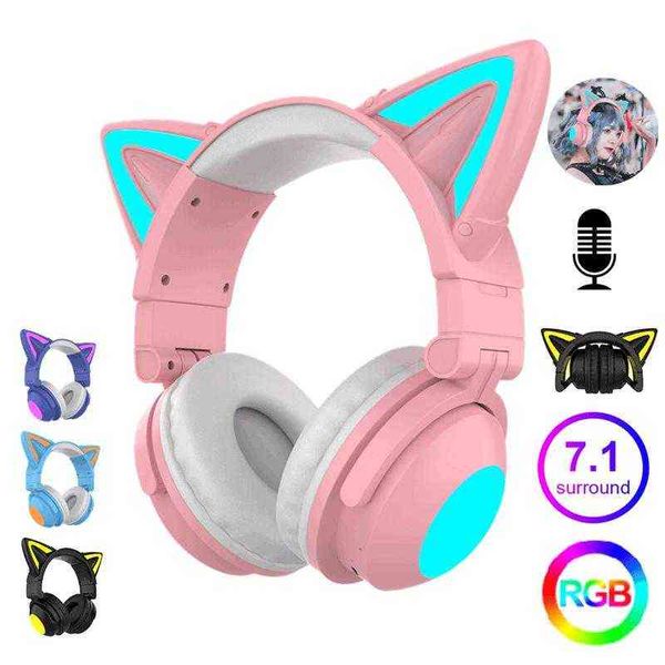 Fones de ouvido 7.1 fones de ouvido com ouvido de gato estéreo com controle de microfones RGB Lights Color Girls Gamer Headset Bluetooth para telefone T220916