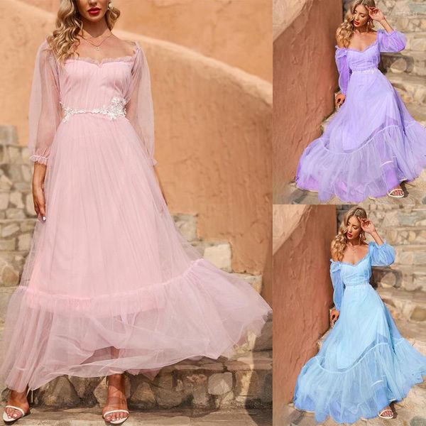 Abiti casual 2022 Abito da sposa in rete con spalle scoperte Manica lunga Vita media Principessa sexy Donna Primavera Estate