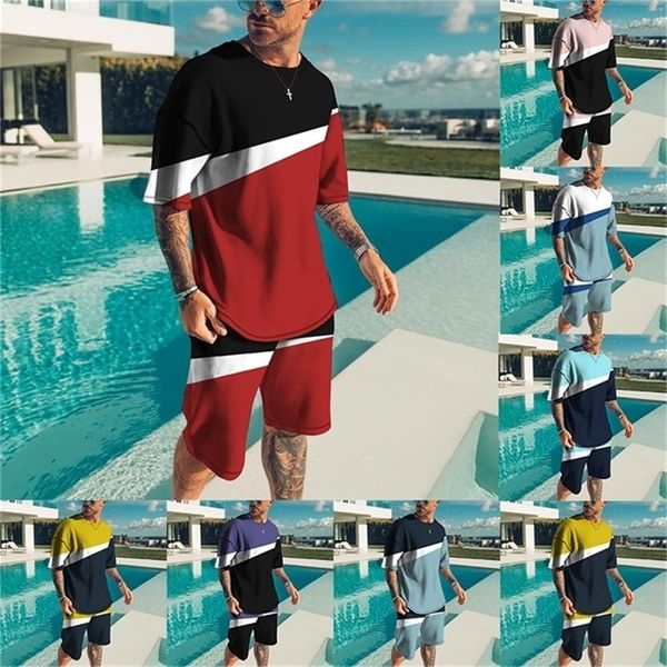 Мужские спортивные костюмы шелковая контрастная цветовая сеть красная футболка с модным трендом 3D-печать шаблон с коротким рукавами Top Brand Tee 220919