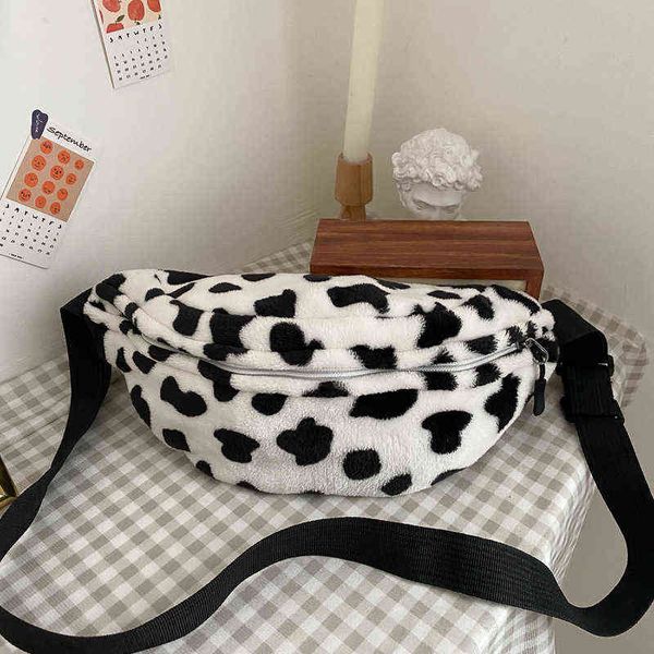 Borsa da cintura in peluche invernale da donna Modello leopardato Marsupi Stampa latte di mucca Petto morbido Pelliccia calda Vita s Catena femminile J220705