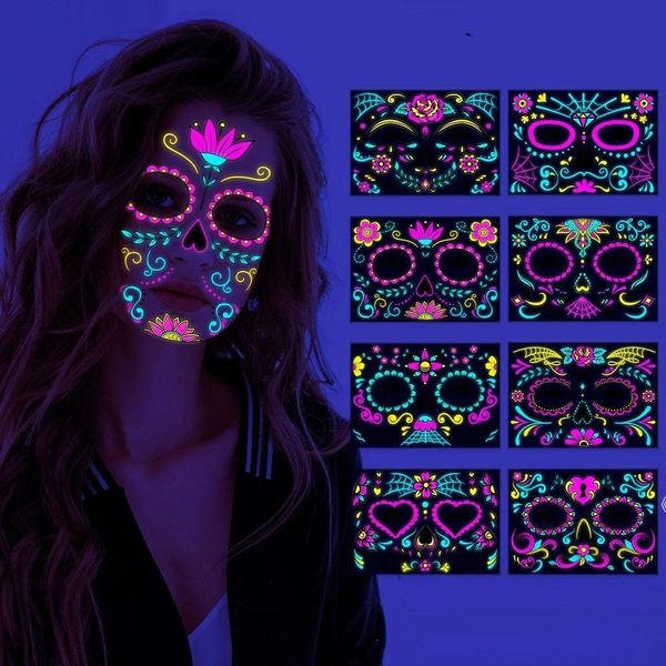 Fluorescent Halloween Face Tattoo Sticker Day of the Dead Party Makeup Funny Temporary Neon Face Stick para Festival Masquerade BBB15537