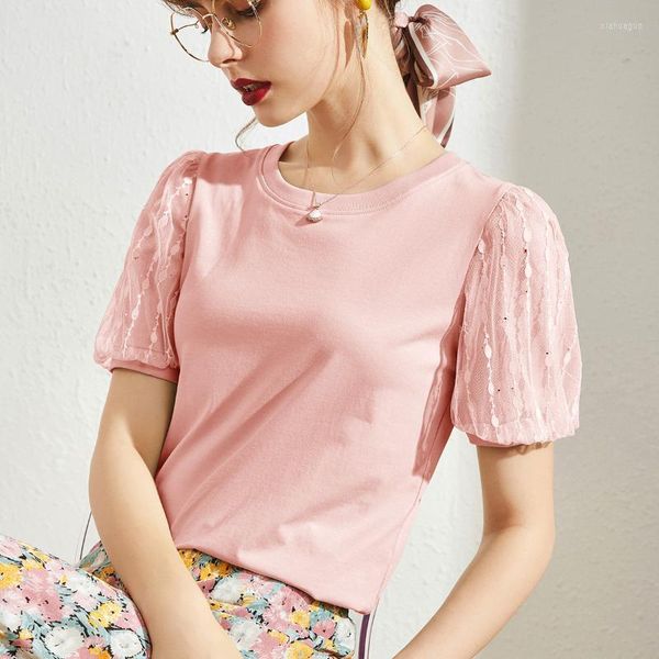 Camisetas femininas T-shirt Mesh Mesh Mesh Sleeve Sleeve Mulheres 2022 Tops de verão Cotton Patchwork