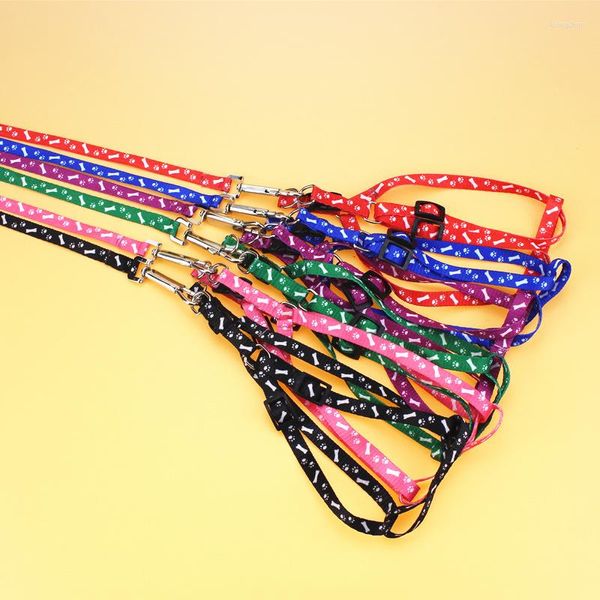 Colarinho de cachorro Pet Bone Print Nylon Leash Training Puppy Cat Arness Ajuste Lidera corda de tração durável para pequeno