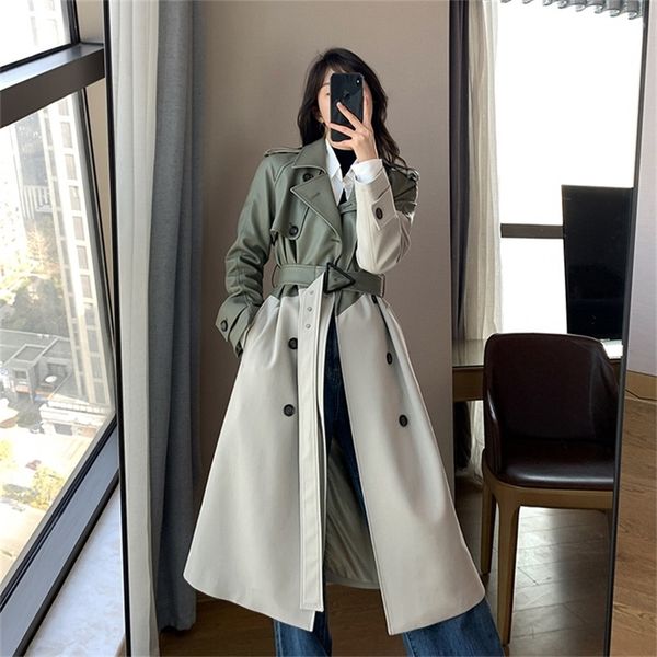 Misturas de lã feminina Casaco Spring Autumn Windbreaker Jaqueta feminina de trincheira verde Roupa de couro costura de vento Long Long Longies Cloak 220919