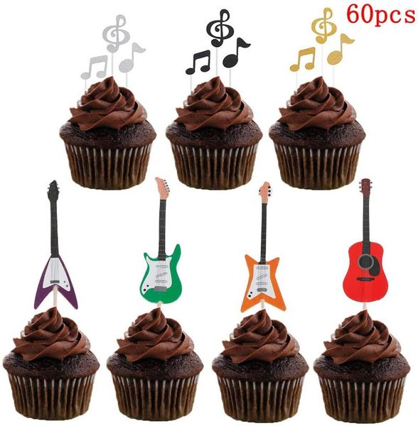 Forniture festive 60 pezzi Note musicali Toppers cupcake Chitarra Rock Decorazione torta Festa Compleanno Decorazione matrimonio