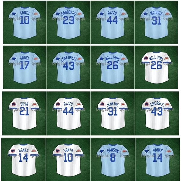 100ª camisa de beisebol do GLA1970 Ryne Sandberg Ron Santo Anthony Rizzo Greg 31 Maddux Mark Grace Dennic Eckersley Billy Williams Sammy