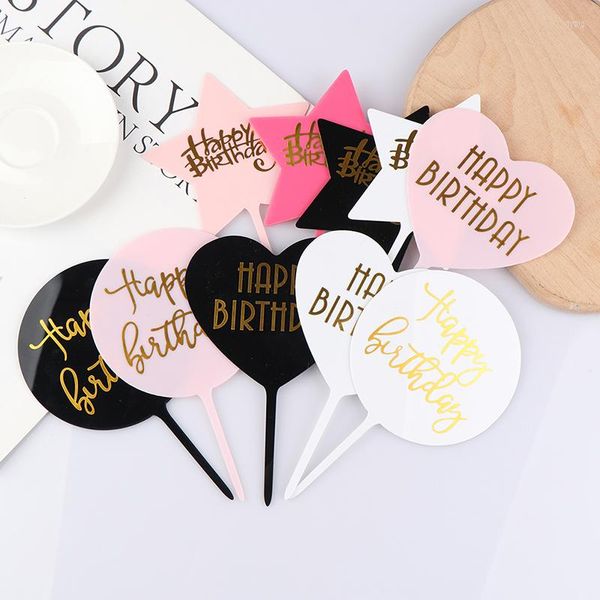 Forniture festive Nero Bianco Trasparente Rosa Happy Birthday Cake Topper per la decorazione del partito Fiocco d'oro Anniversario Cottura Regali d'amore