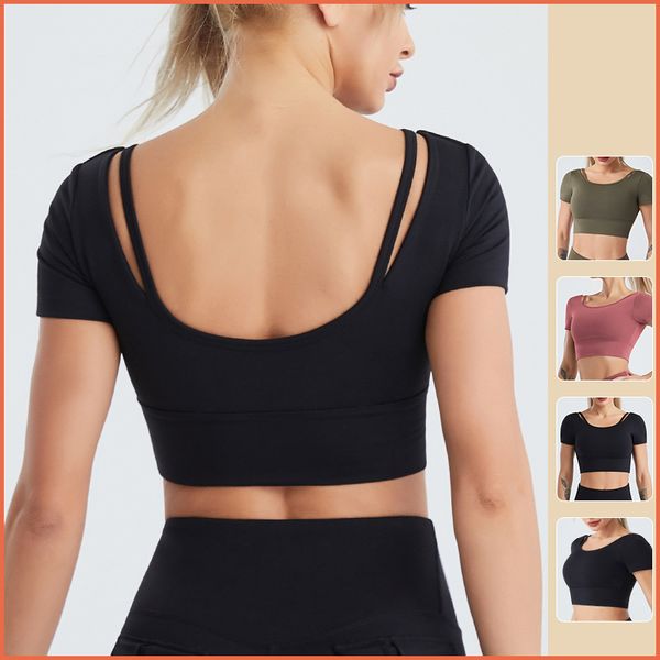 Moda Yoga Fitness Crop Tops Tshirt For Women Gym Sports Sports Rápidos de Manga curta Sexy Back embutido Camisetas do peito 20W155